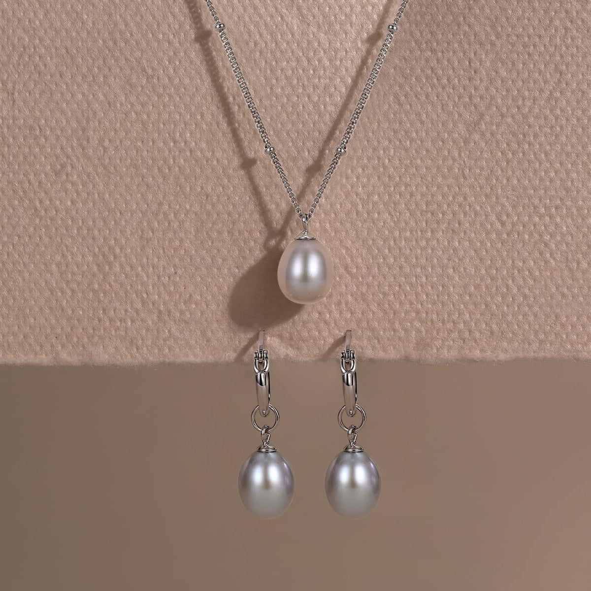Sterling Silver Freshwater Grey Huggie Hoop Earrings and Pearl Necklace Set