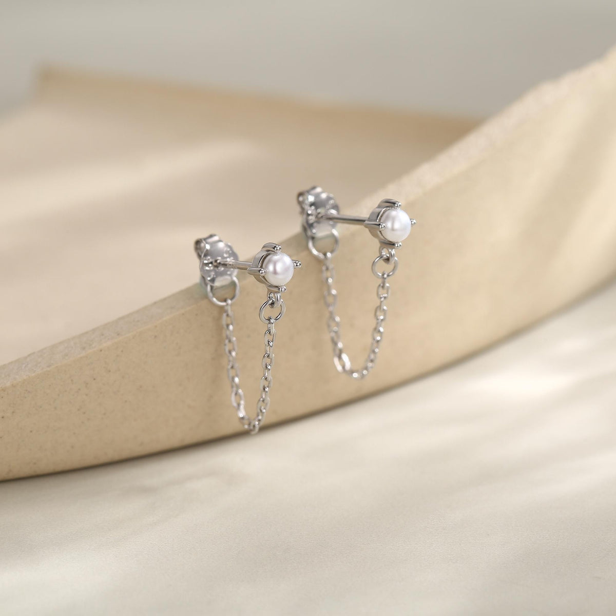 Sterling Silver Pearl and Chain Earrings in Sterling Silver, Silver or Gold or Rose Gold, Tiny Ear Jacket, Dainty Jewellery