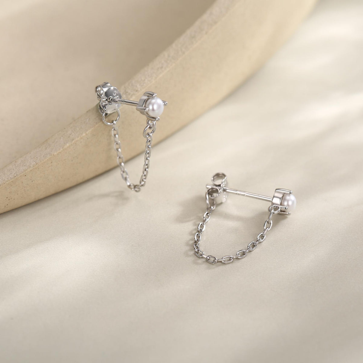 Sterling Silver Pearl and Chain Earrings in Sterling Silver, Silver or Gold or Rose Gold, Tiny Ear Jacket, Dainty Jewellery
