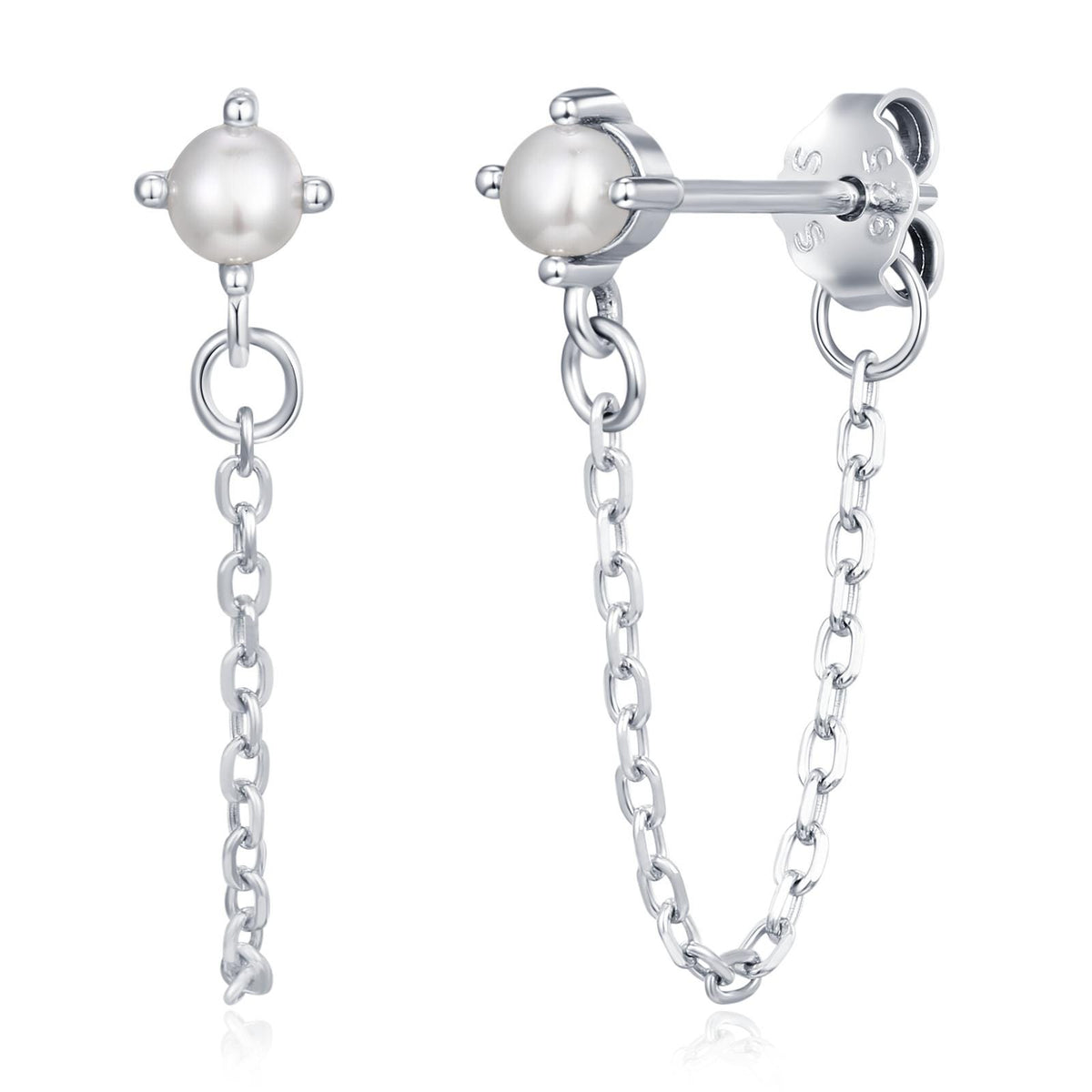 Sterling Silver Pearl and Chain Earrings in Sterling Silver, Silver or Gold or Rose Gold, Tiny Ear Jacket, Dainty Jewellery