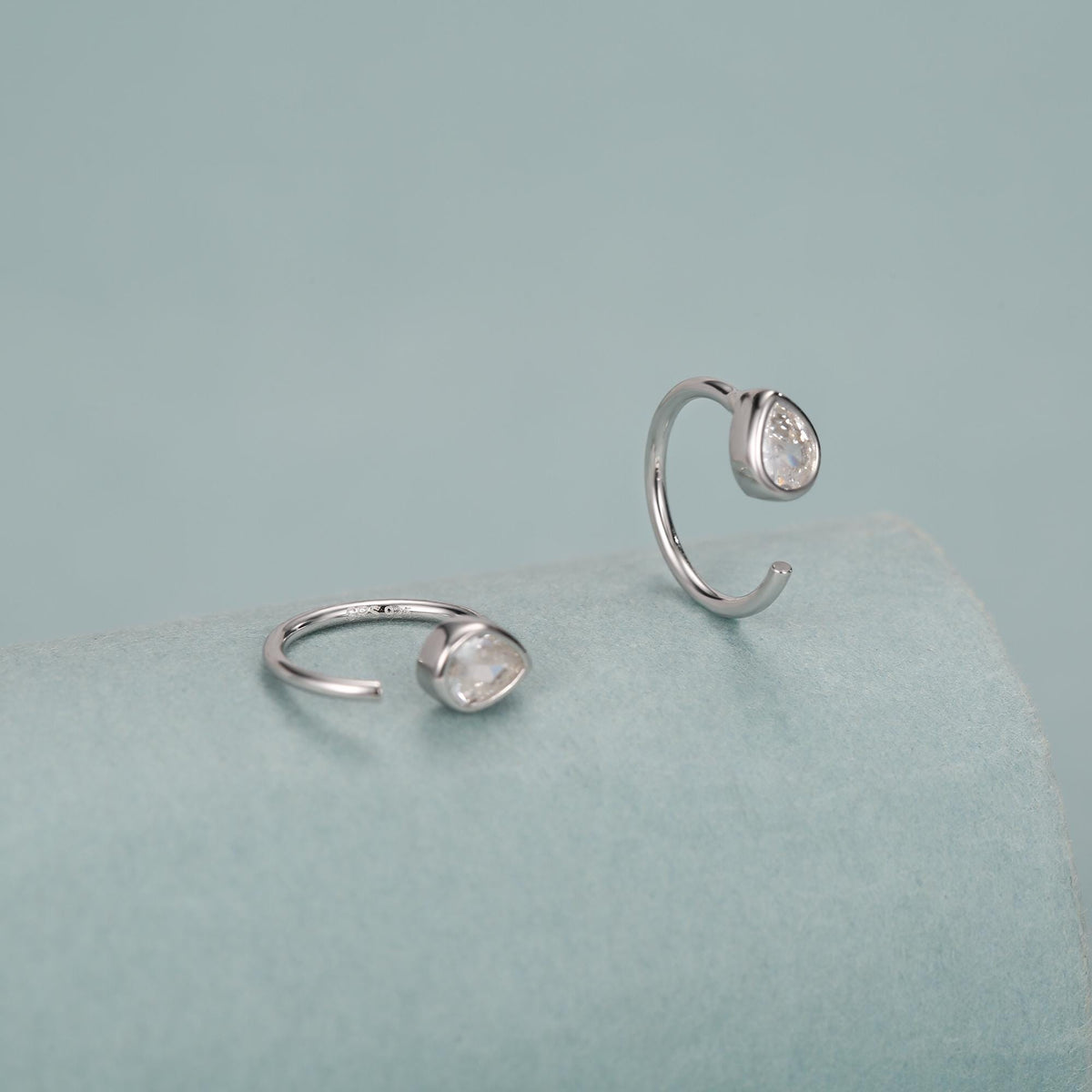 CZ Droplet Huggie Hoop Earrings in Sterling Silver, Tiny CZ Pear Cut Open Hoops, Pull Through Threaders, Half Hoops, C Shape