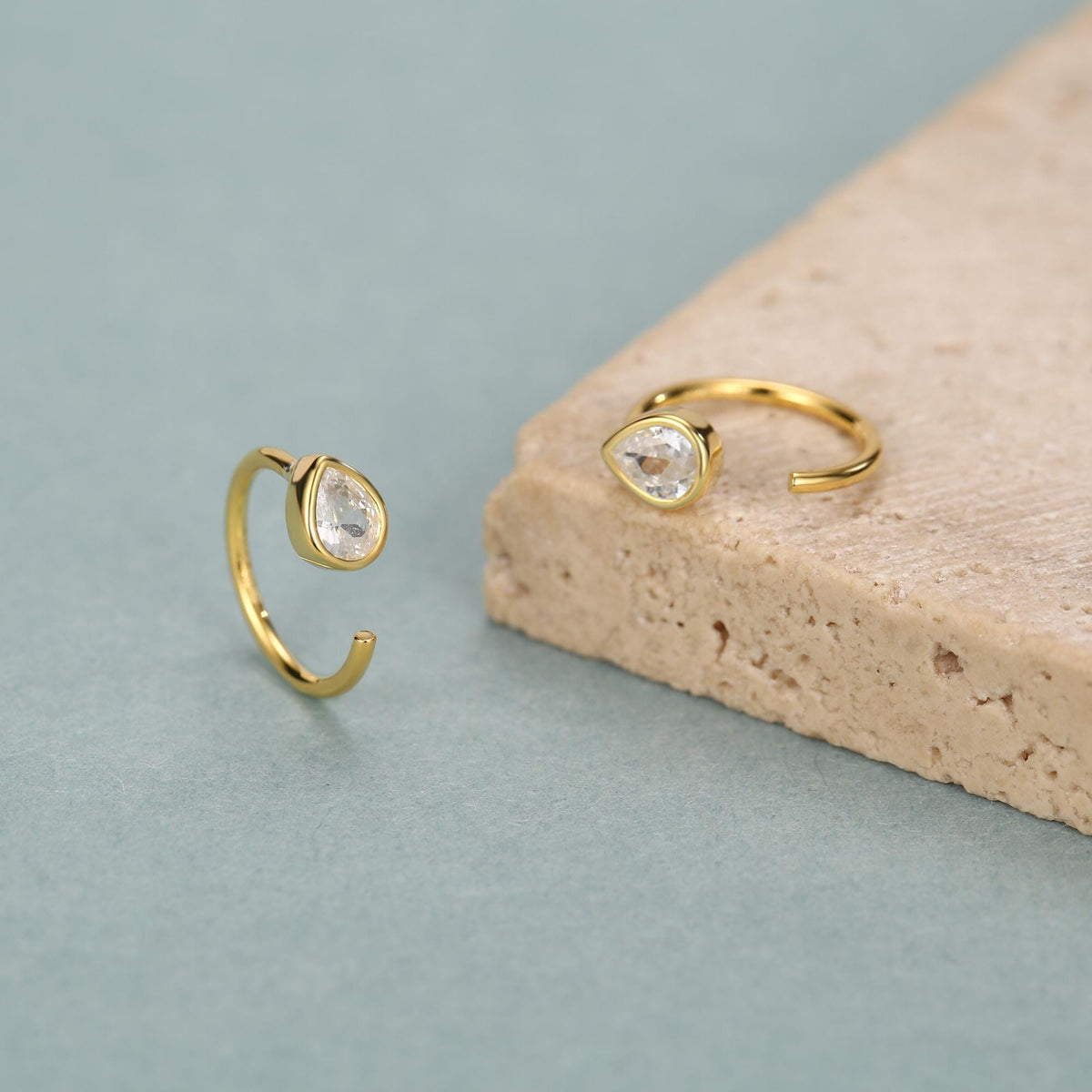 CZ Droplet Huggie Hoop Earrings in Sterling Silver, Tiny CZ Pear Cut Open Hoops, Pull Through Threaders, Half Hoops, C Shape