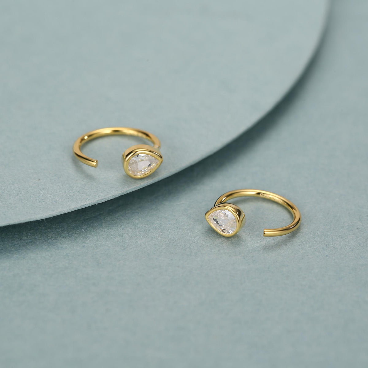 CZ Droplet Huggie Hoop Earrings in Sterling Silver, Tiny CZ Pear Cut Open Hoops, Pull Through Threaders, Half Hoops, C Shape