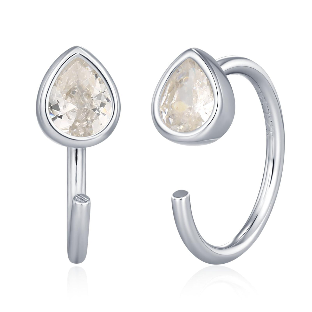 CZ Droplet Huggie Hoop Earrings in Sterling Silver, Tiny CZ Pear Cut Open Hoops, Pull Through Threaders, Half Hoops, C Shape