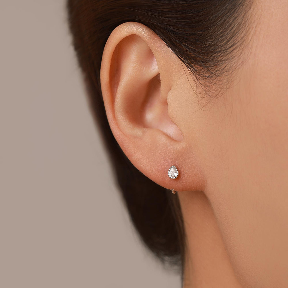 CZ Droplet Huggie Hoop Earrings in Sterling Silver, Tiny CZ Pear Cut Open Hoops, Pull Through Threaders, Half Hoops, C Shape