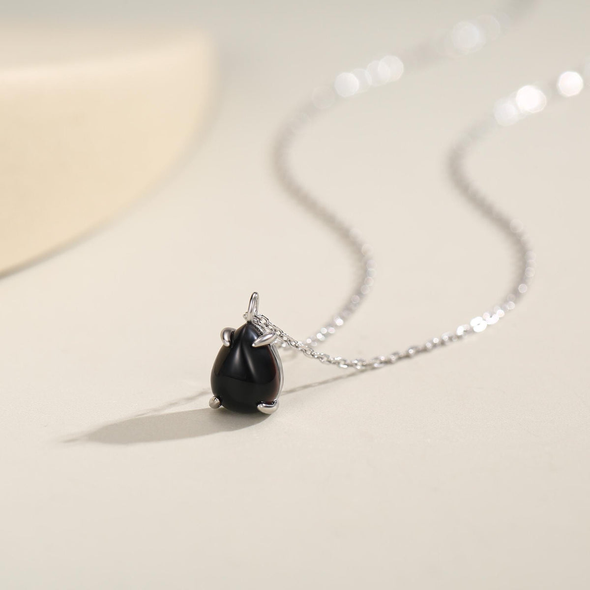 Black Onyx Pear Cabochon Pendant Necklace