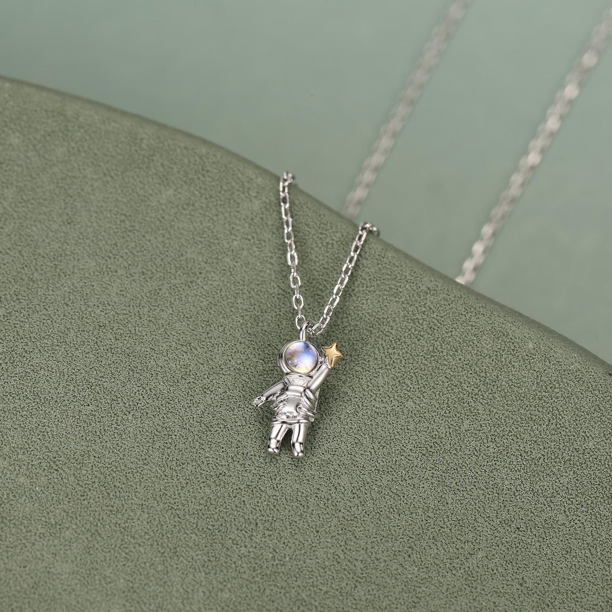 Moonstone Astronaut Holding Star Pendant Necklace