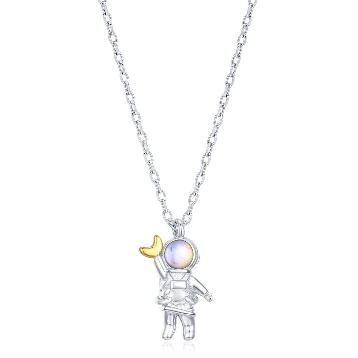 Astronaut Holding Moon Moonstone Pendant Necklace