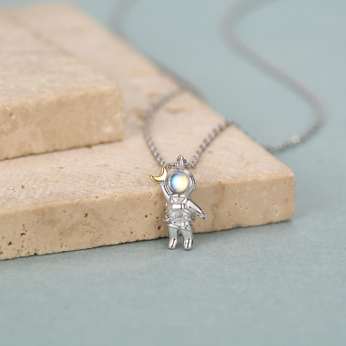 Astronaut Holding Moon Moonstone Pendant Necklace