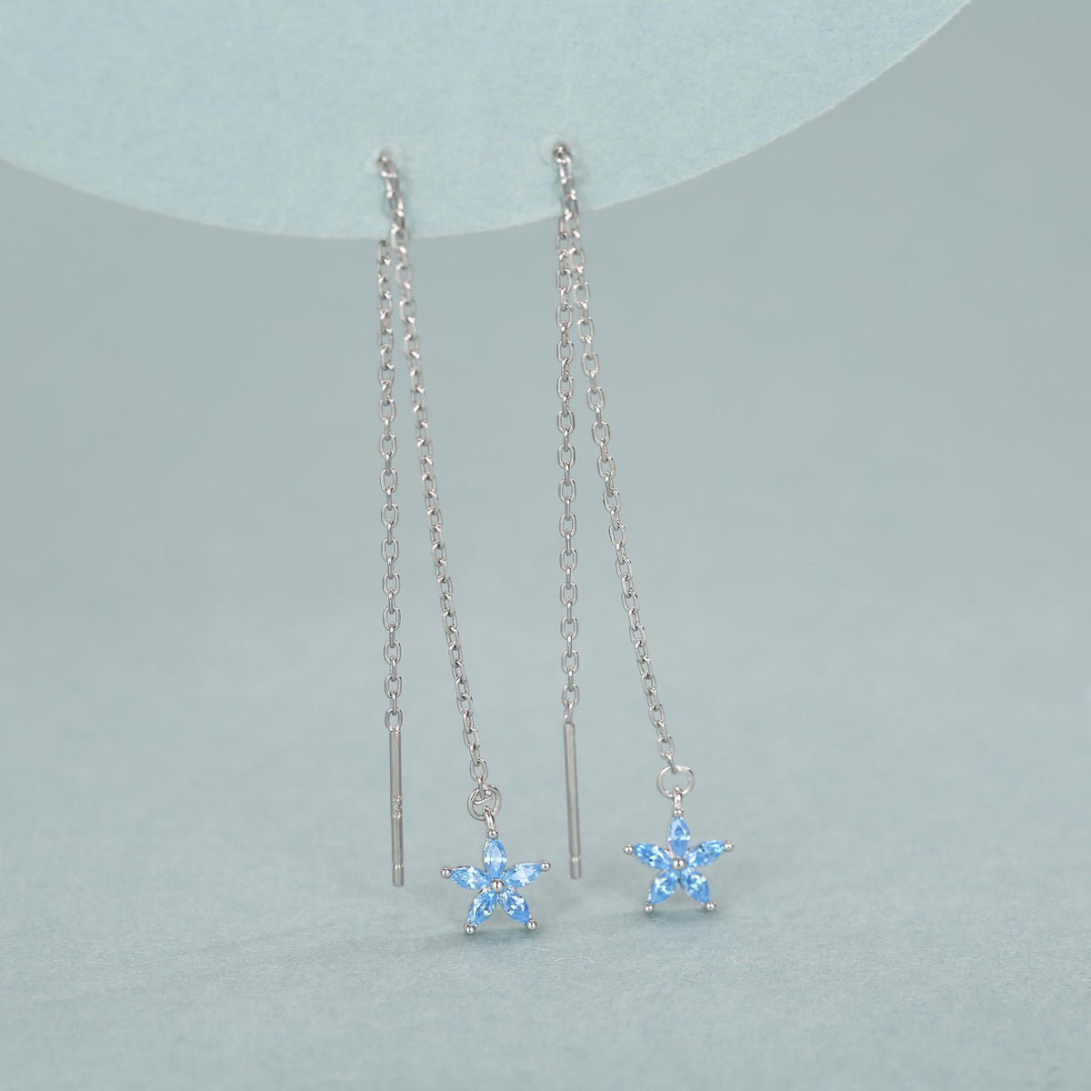 Aquamarine Blue CZ Forget-me-not Flower Threader Earrings
