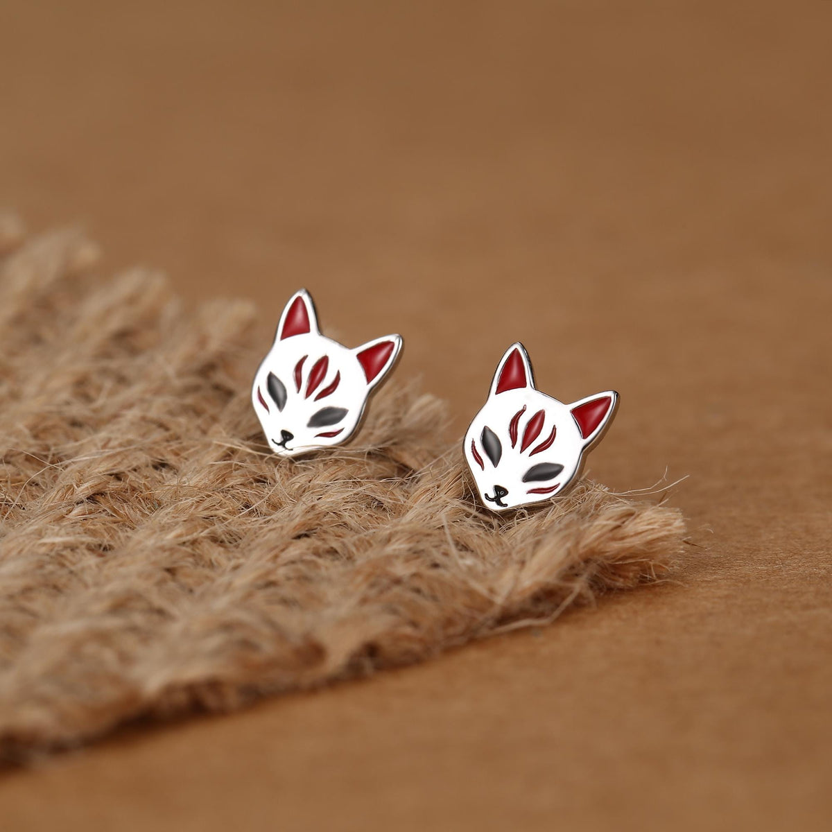 Sterling Silver Enamel Kitsune Fox Mask Stud Earrings