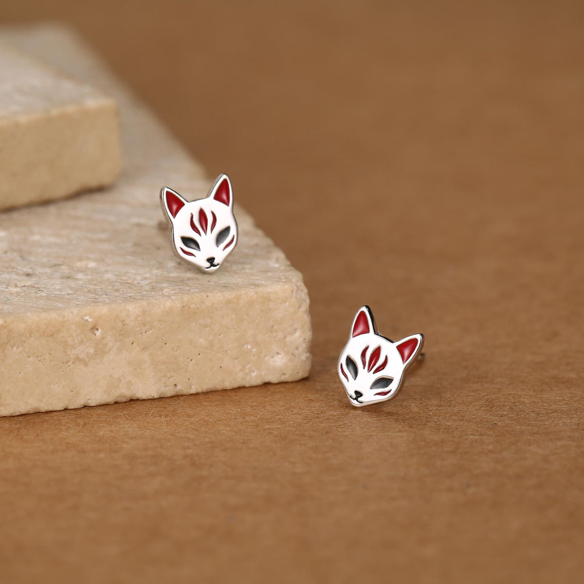 Sterling Silver Enamel Kitsune Fox Mask Stud Earrings
