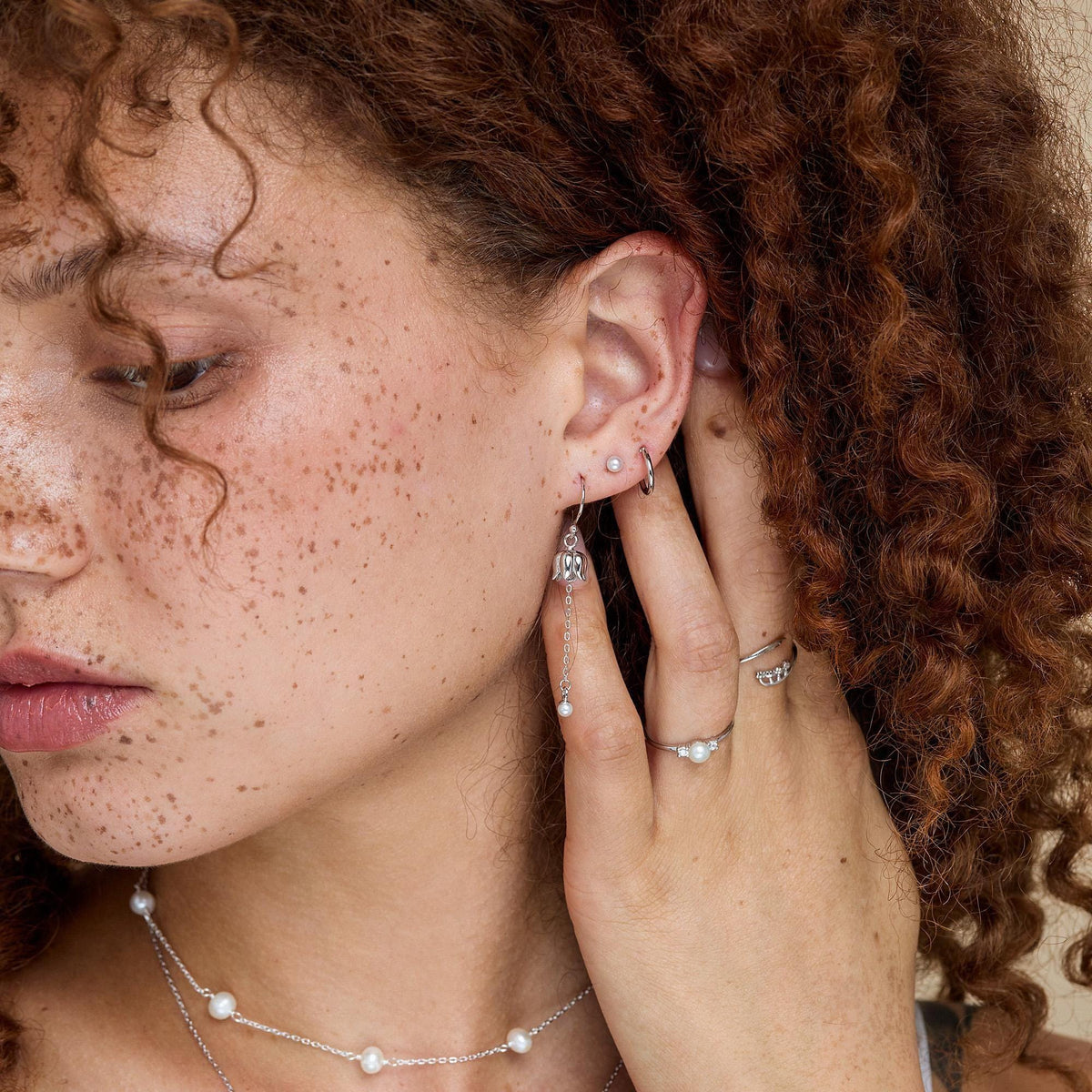 Lily of the valley with Dangle Pearl Dangle Earrings in Sterling Silver, Lily of the Valley Flower Dangle Earrings - Long Chain