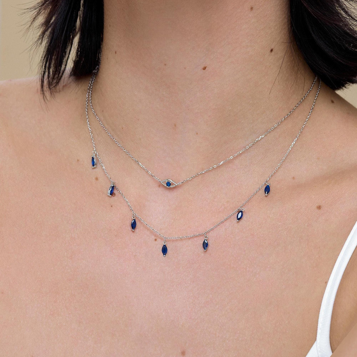 Sapphire Blue CZ Marquise Satellite Chain Necklace