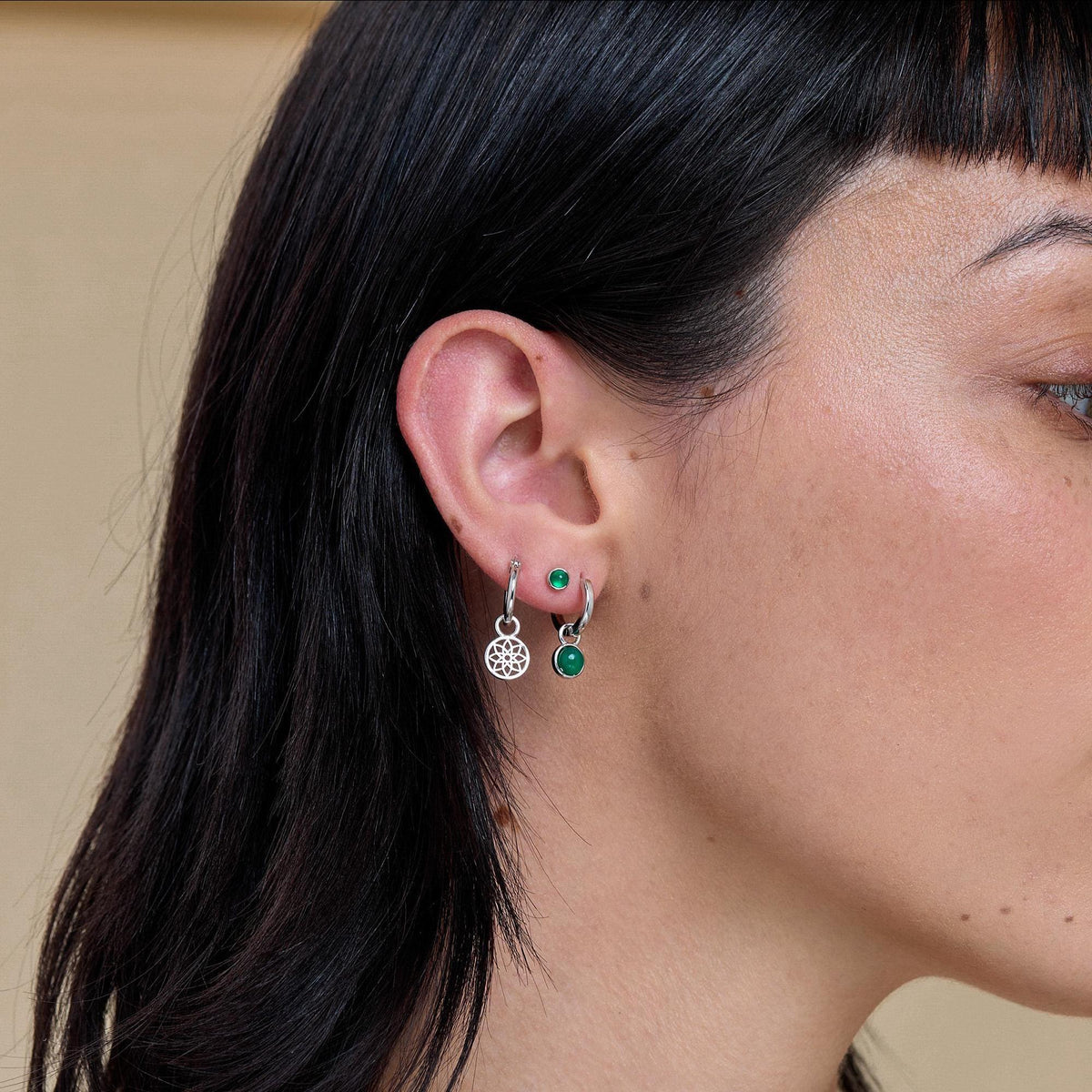 Sterling Silver Dangling Green Onyx Hoop Earrings, Detachable Green Onyx Coin Dangle Hoop Earrings, Silver, Interchangeable