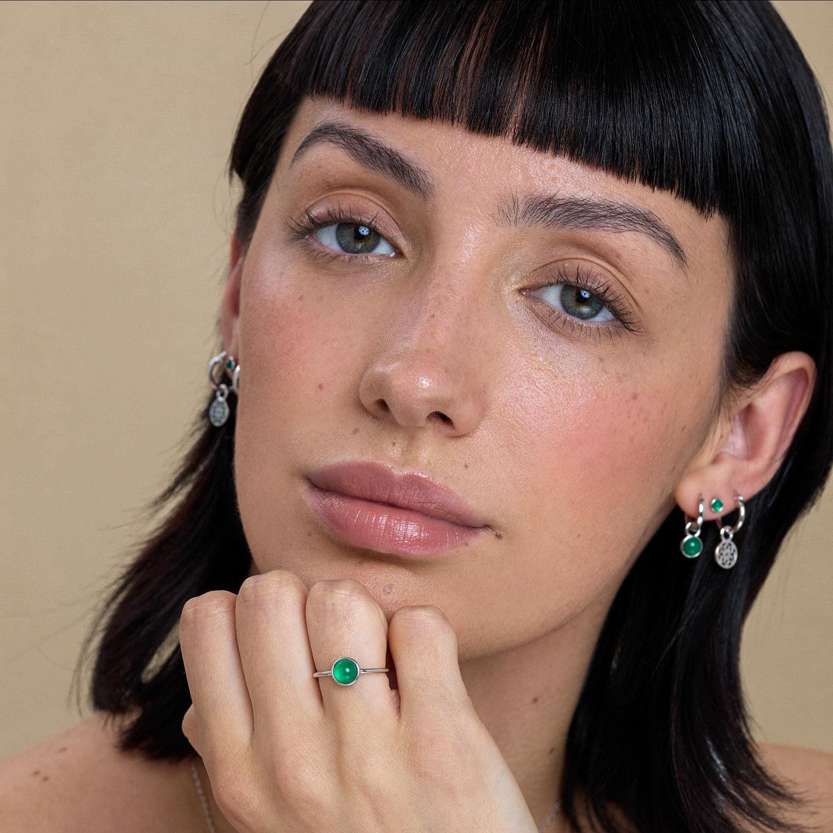 Sterling Silver Dangling Green Onyx Hoop Earrings, Detachable Green Onyx Coin Dangle Hoop Earrings, Silver, Interchangeable
