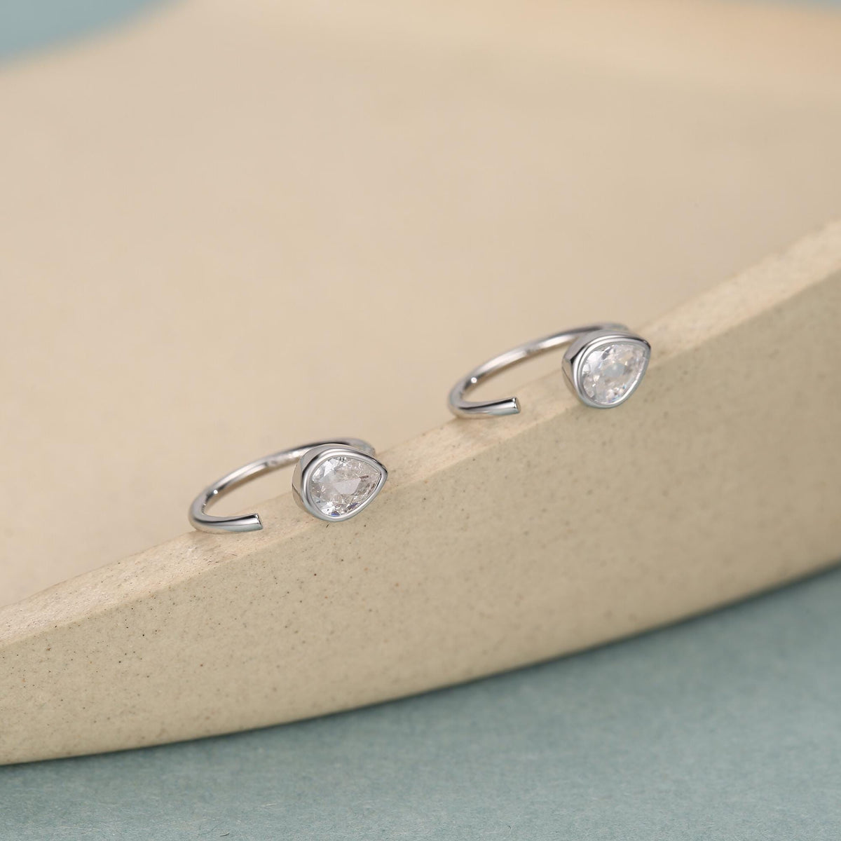 CZ Droplet Huggie Hoop Earrings in Sterling Silver, Tiny CZ Pear Cut Open Hoops, Pull Through Threaders, Half Hoops, C Shape