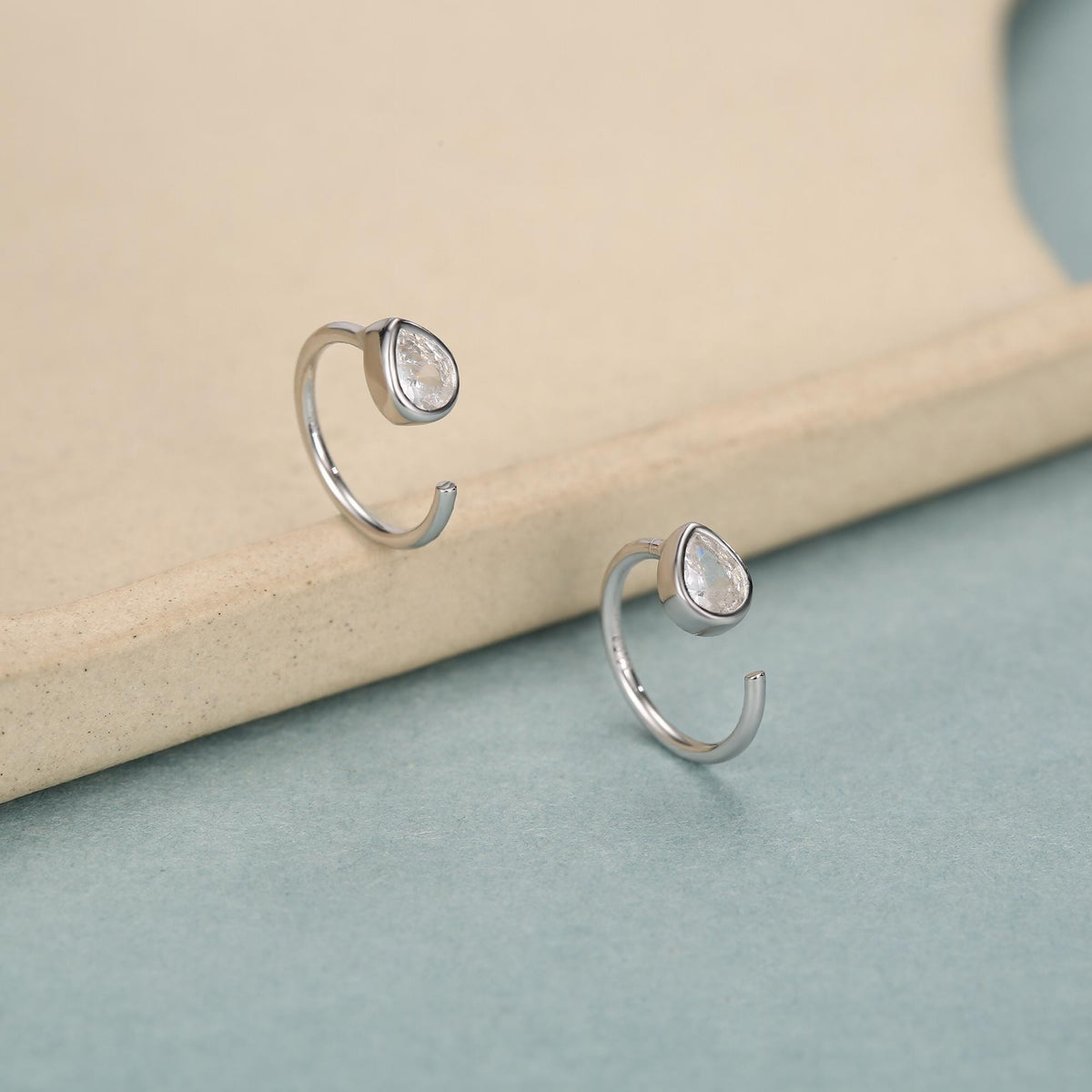 CZ Droplet Huggie Hoop Earrings in Sterling Silver, Tiny CZ Pear Cut Open Hoops, Pull Through Threaders, Half Hoops, C Shape