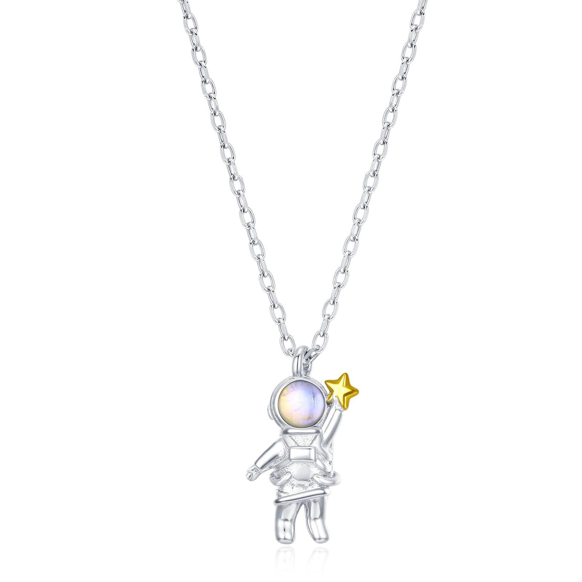 Moonstone Astronaut Holding Star Pendant Necklace