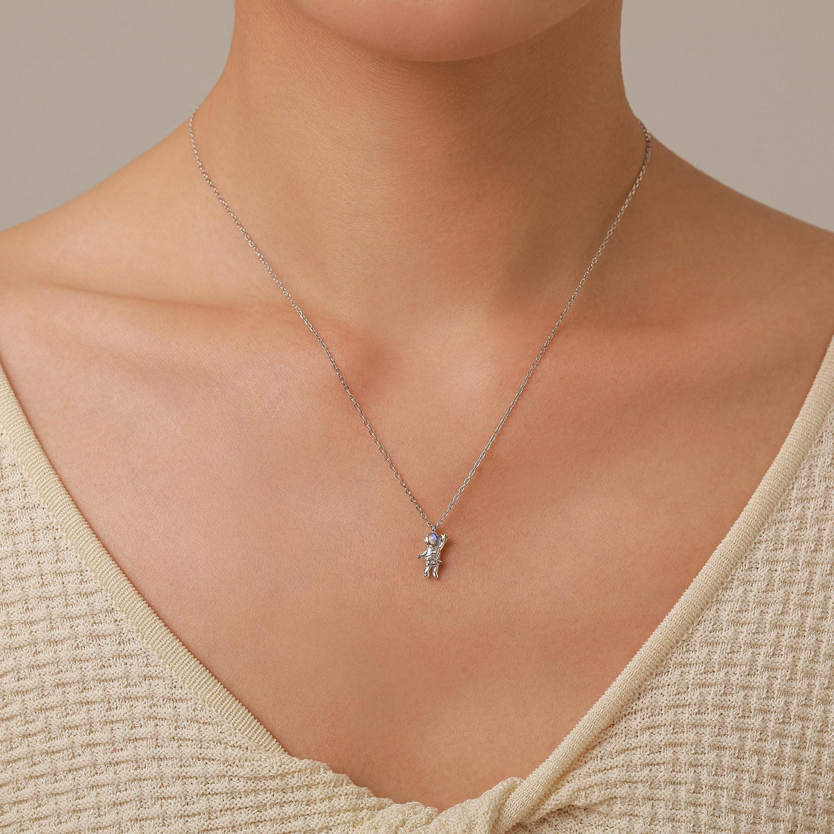 Moonstone Astronaut Holding Star Pendant Necklace