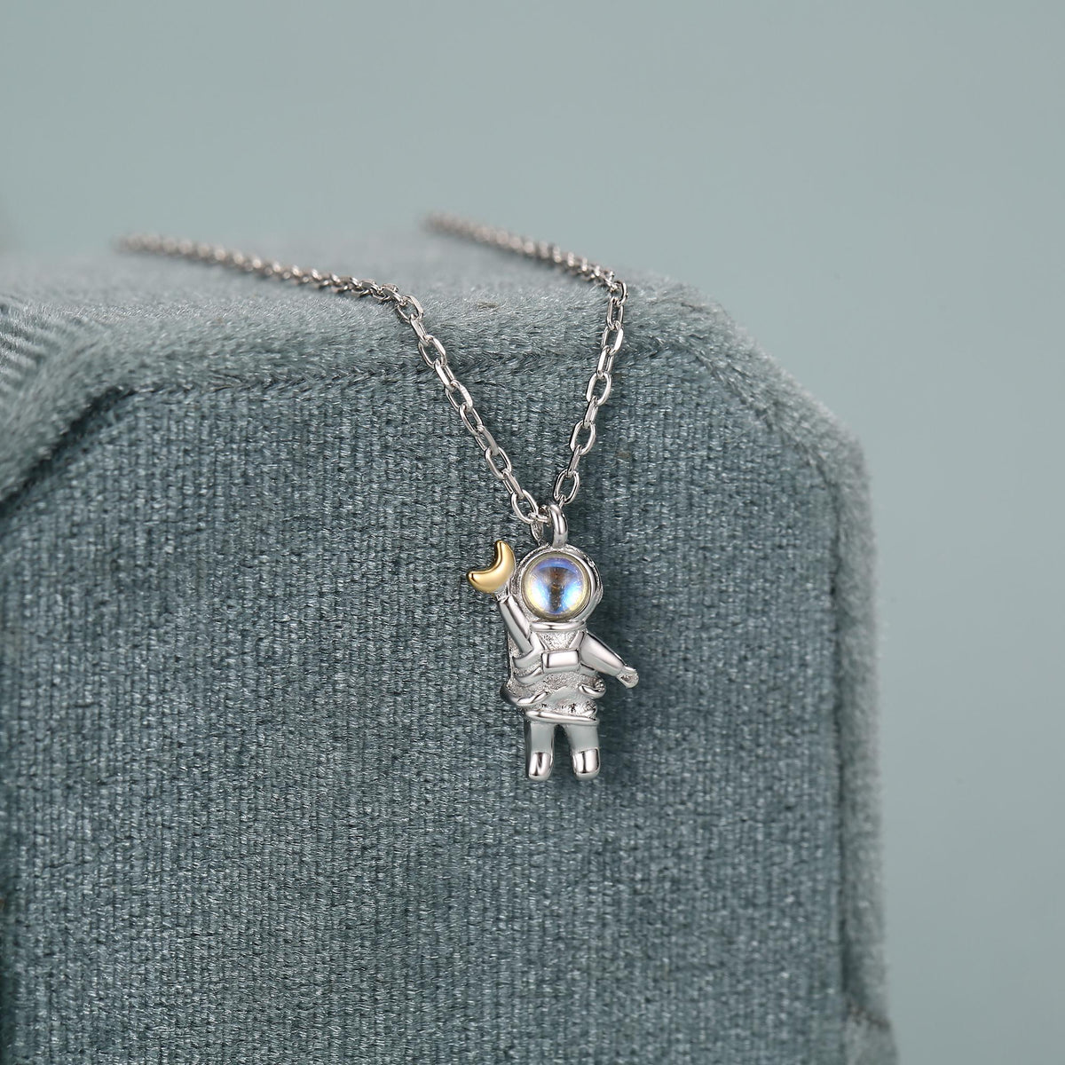 Astronaut Holding Moon Moonstone Pendant Necklace