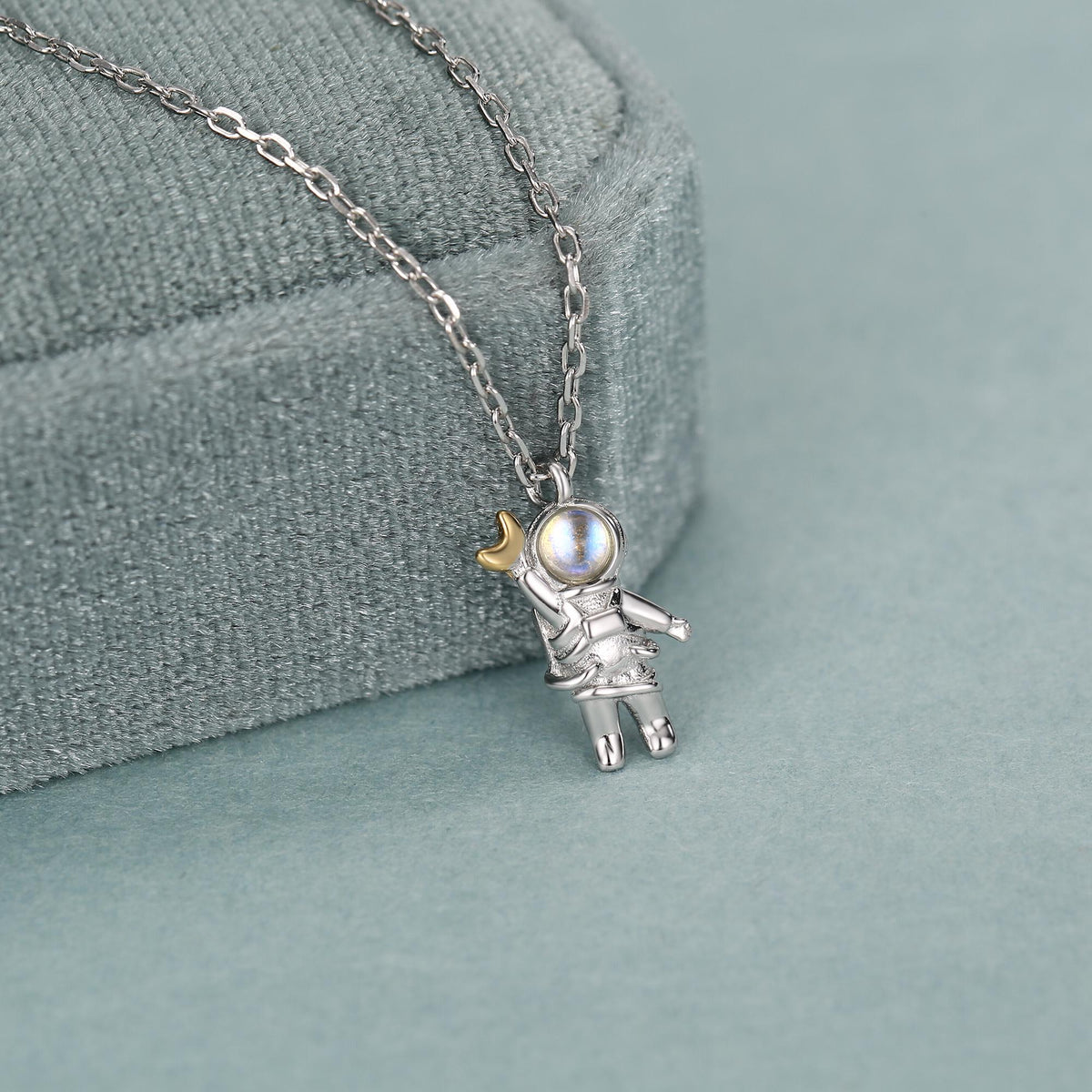 Astronaut Holding Moon Moonstone Pendant Necklace