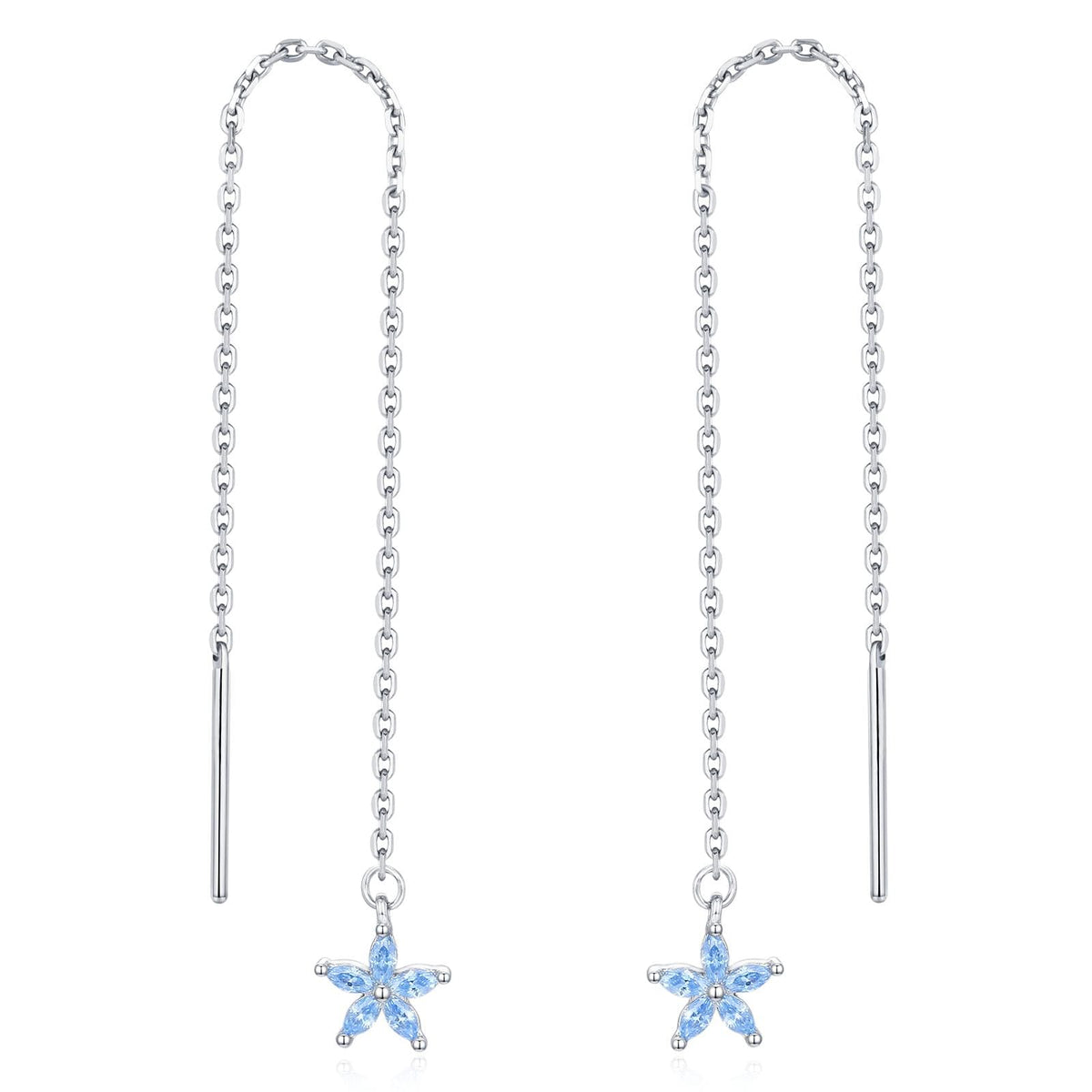 Aquamarine Blue CZ Forget-me-not Flower Threader Earrings