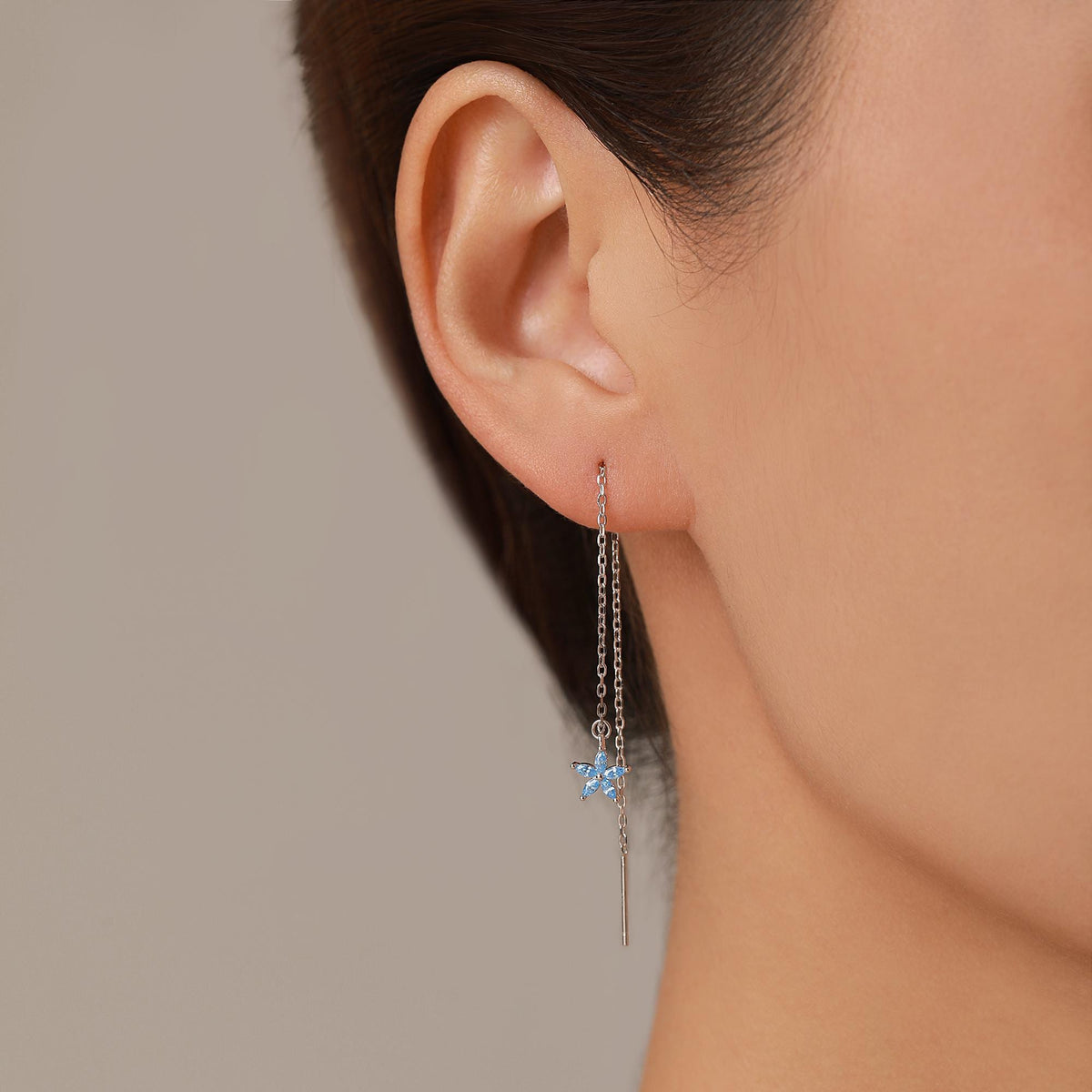 Aquamarine Blue CZ Forget-me-not Flower Threader Earrings