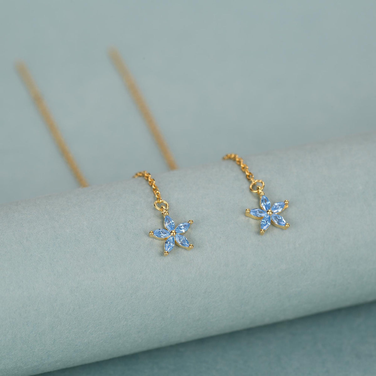 Aquamarine Blue CZ Forget-me-not Flower Threader Earrings