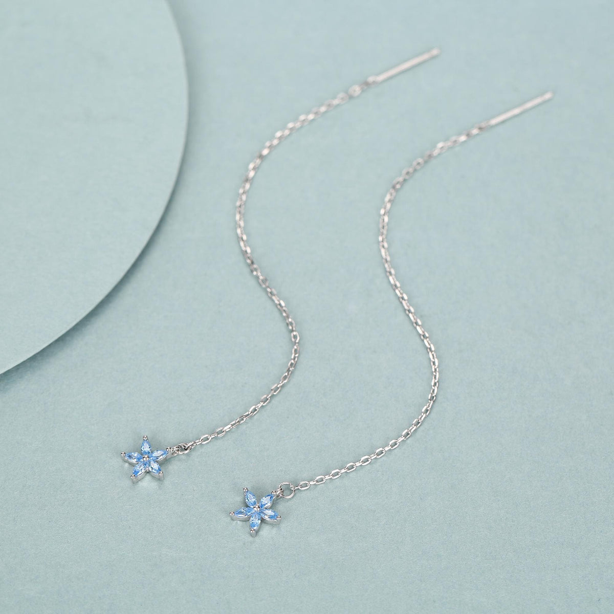 Aquamarine Blue CZ Forget-me-not Flower Threader Earrings