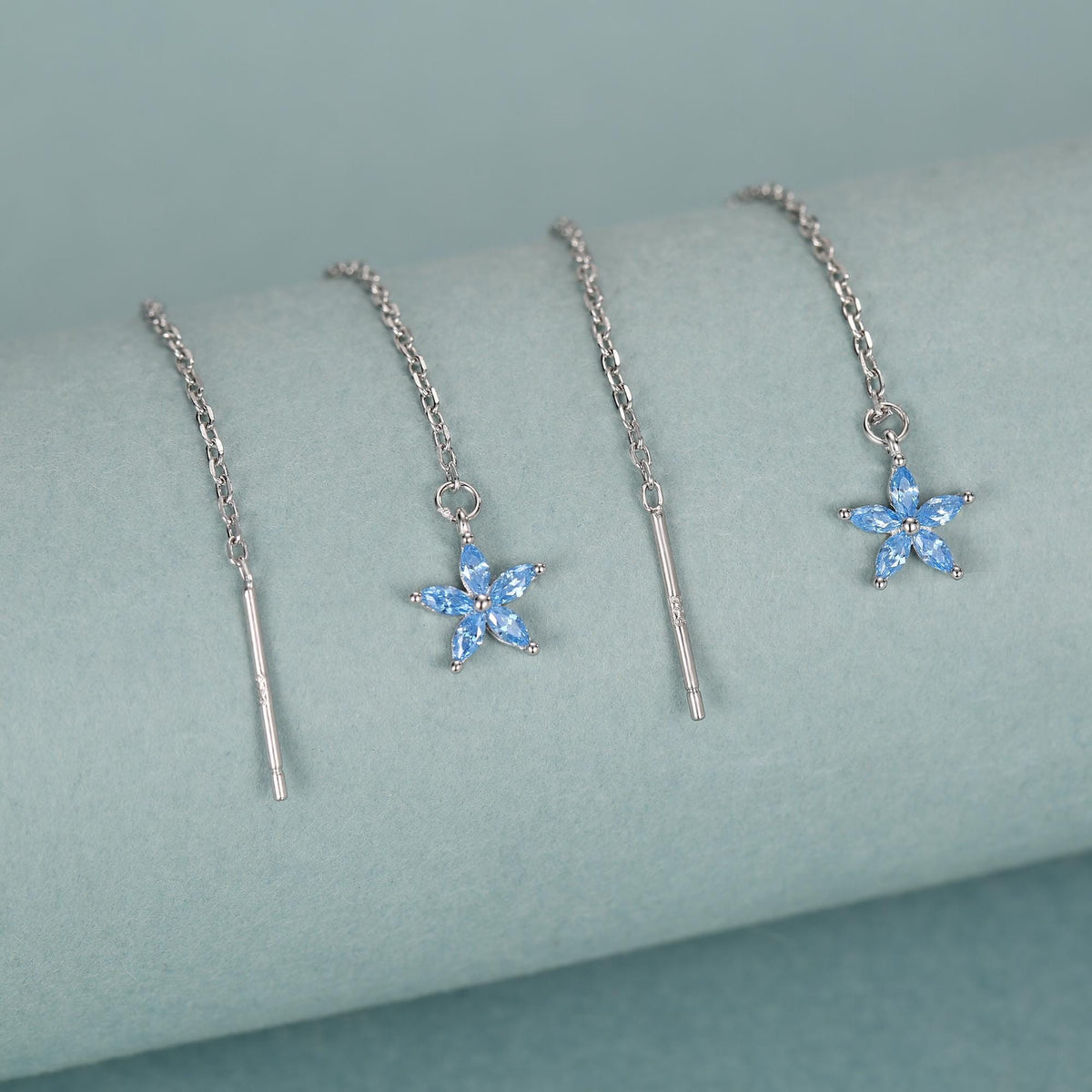 Aquamarine Blue CZ Forget-me-not Flower Threader Earrings