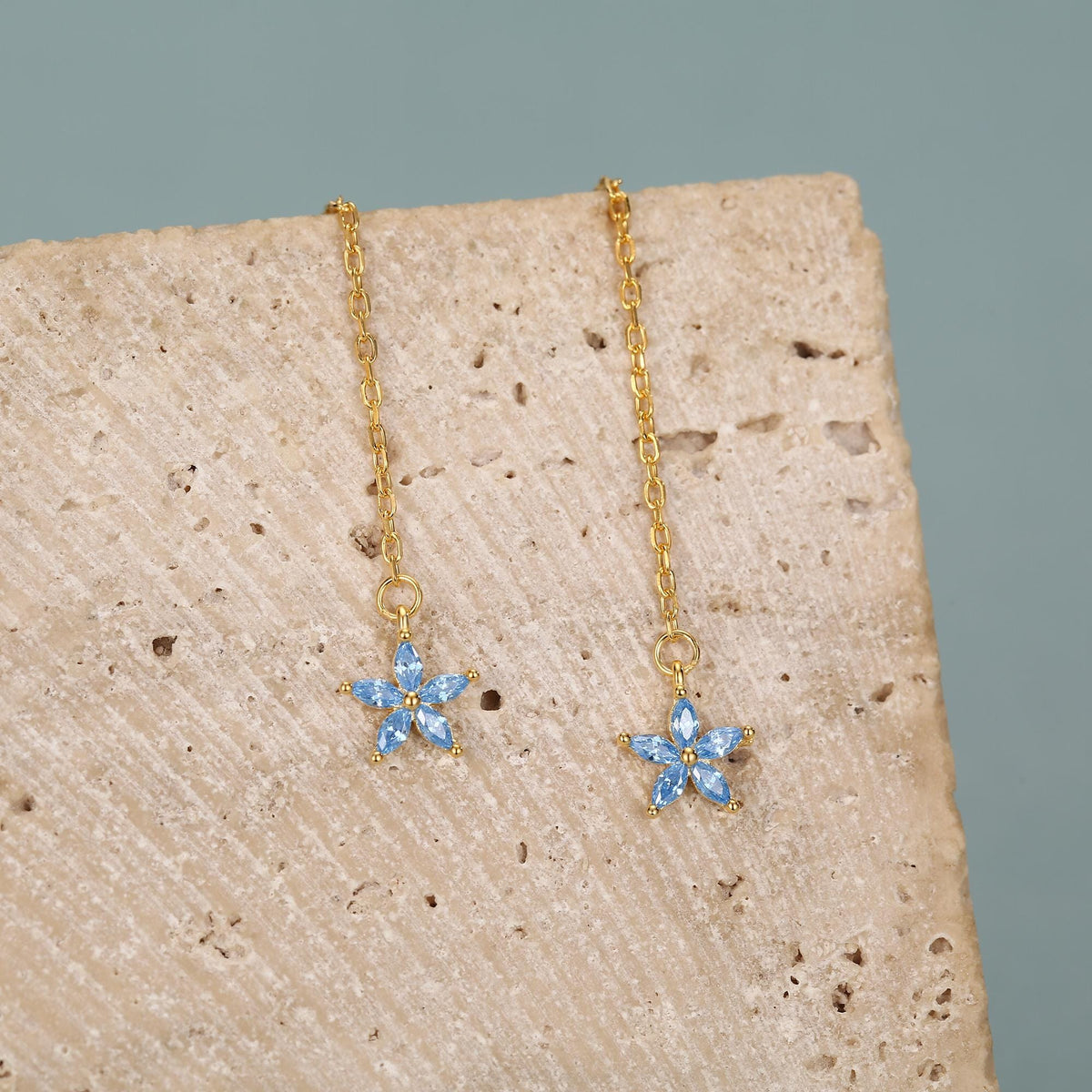 Aquamarine Blue CZ Forget-me-not Flower Threader Earrings