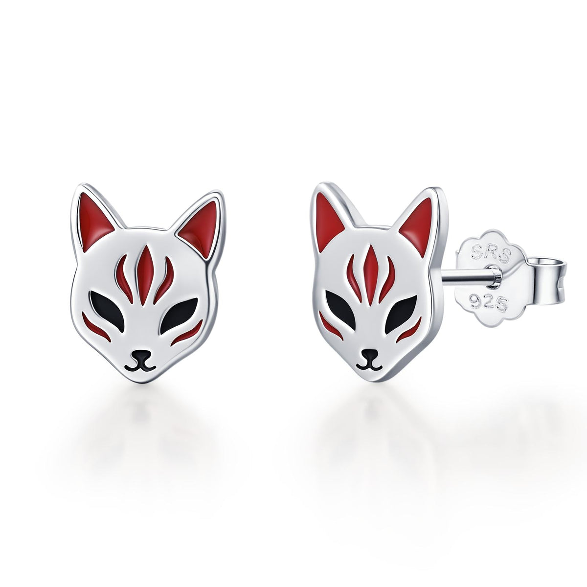 Sterling Silver Enamel Kitsune Fox Mask Stud Earrings