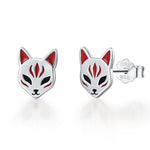 Sterling Silver Enamel Kitsune Fox Mask Stud Earrings