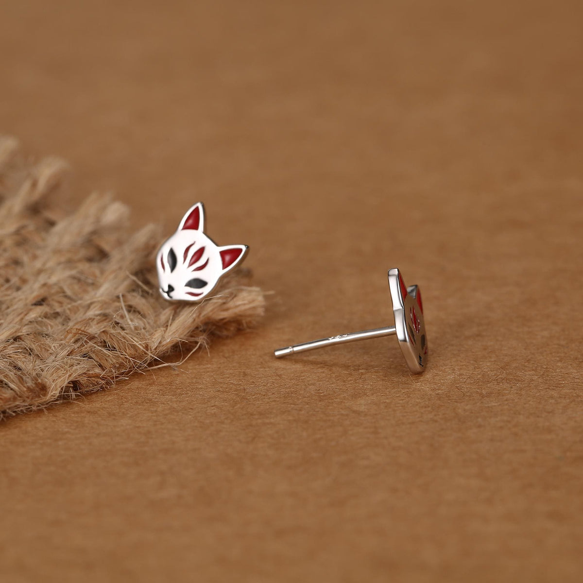 Sterling Silver Enamel Kitsune Fox Mask Stud Earrings