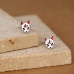 Sterling Silver Enamel Kitsune Fox Mask Stud Earrings