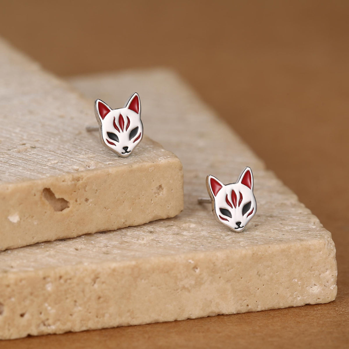 Sterling Silver Enamel Kitsune Fox Mask Stud Earrings