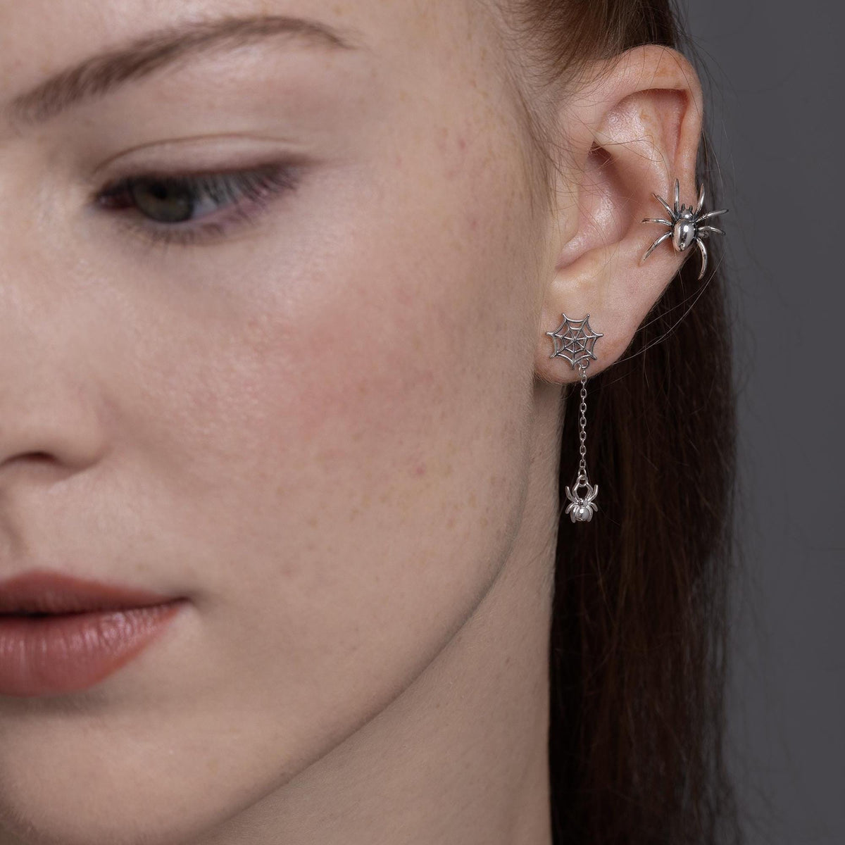 Dangling Spider Web and Spider Stud Earrings