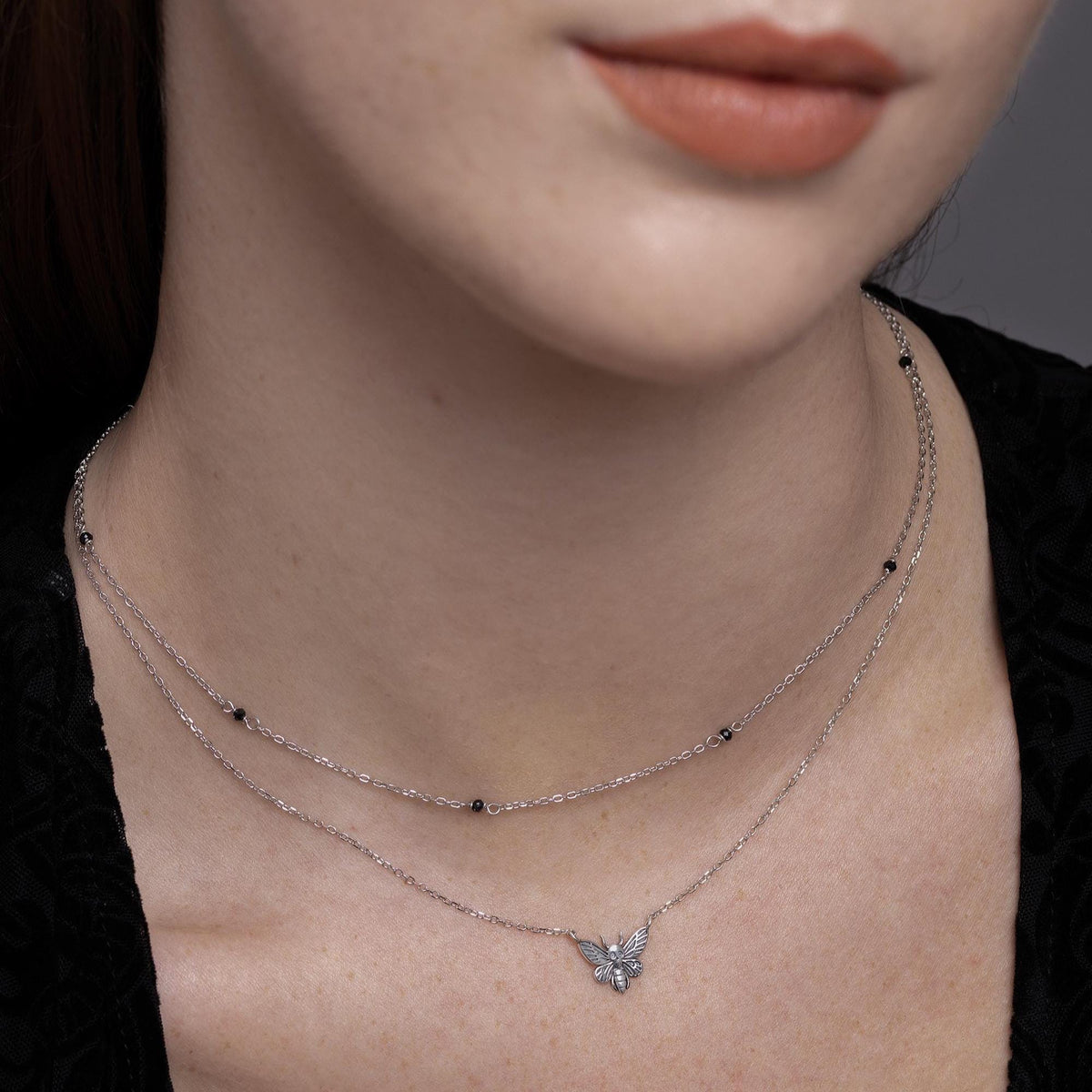 2mm Black Spinel Beaded Satellite Chain Necklace