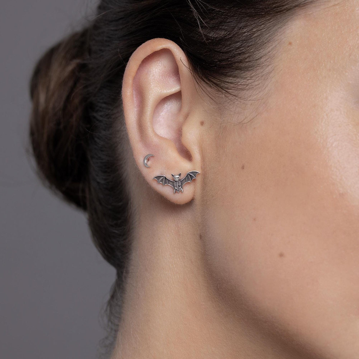 Oxidised Bat Skeleton Stud Earrings
