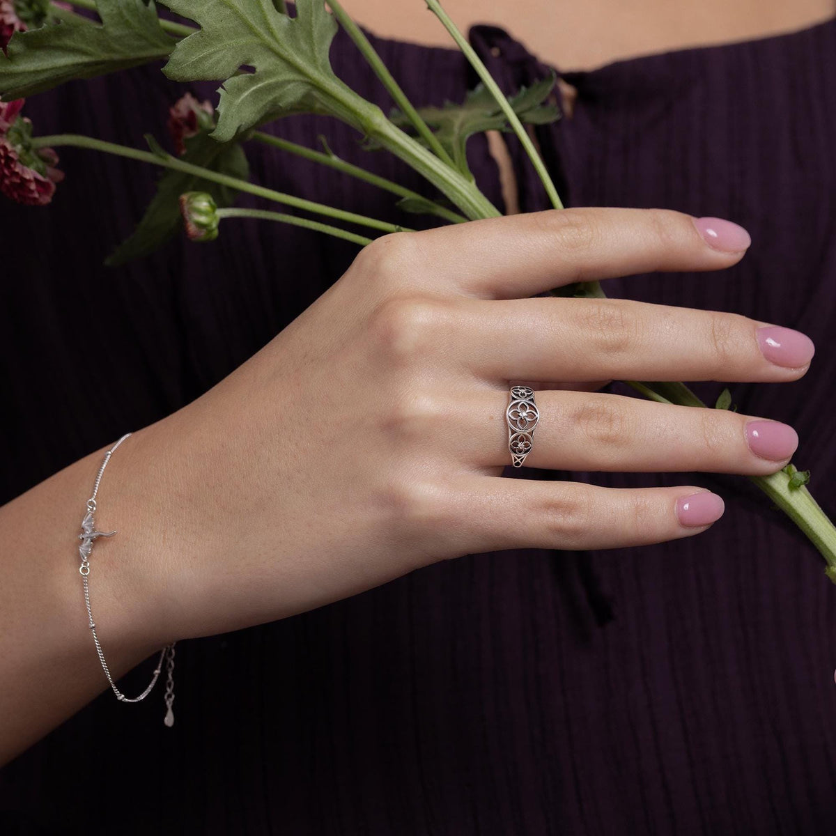 Sterling Silver Floral Cutout Adjustable Ring