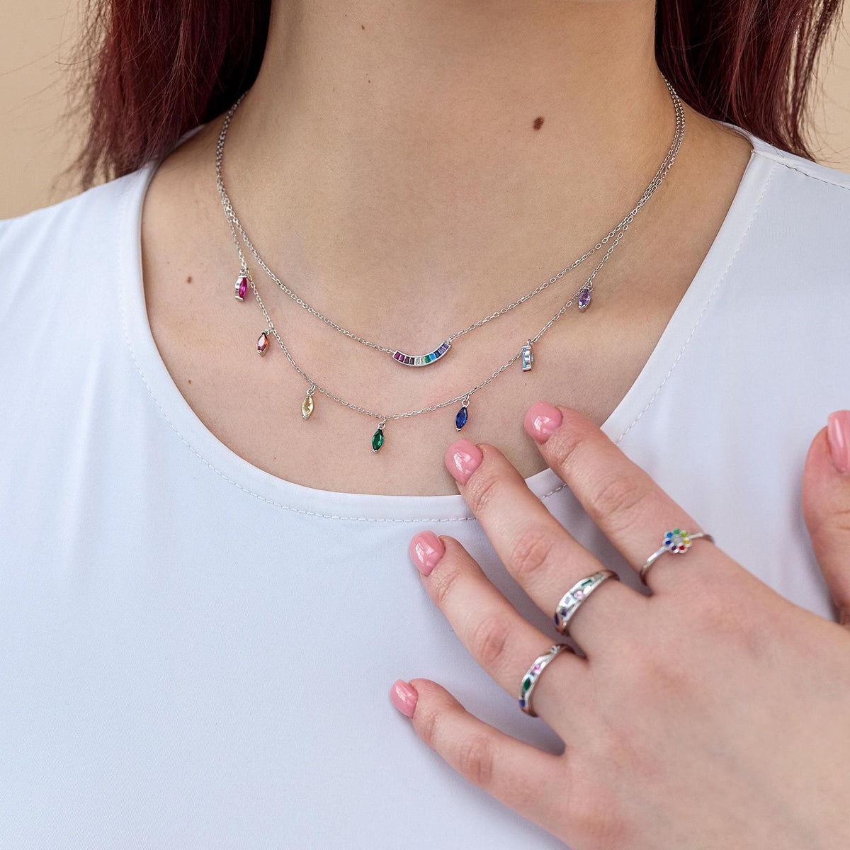 Rainbow CZ Curved Bar Necklace