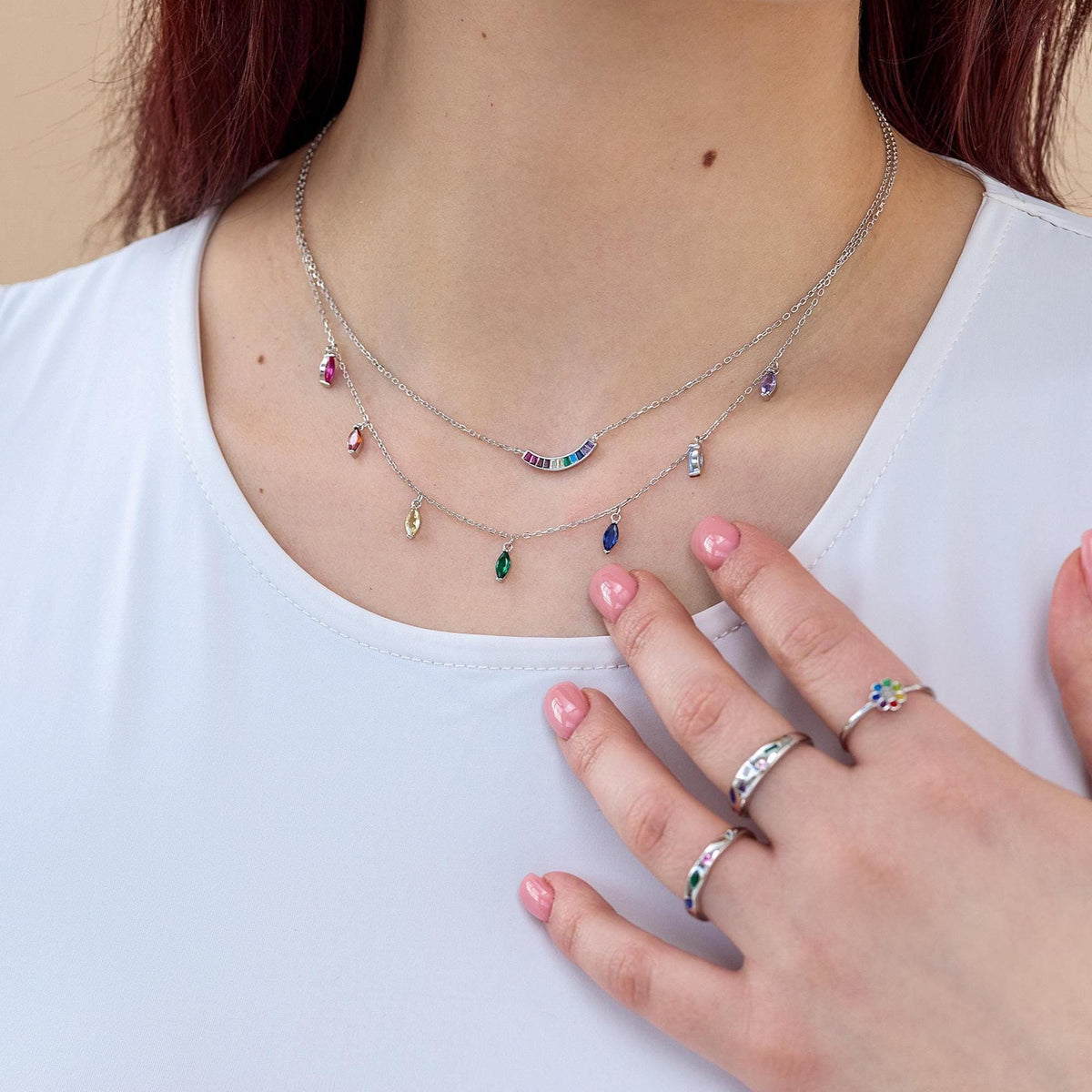 Rainbow CZ Marquise Satellite Chain Necklace