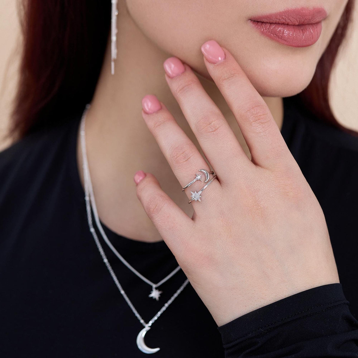 Moon and Starburst Open Ring