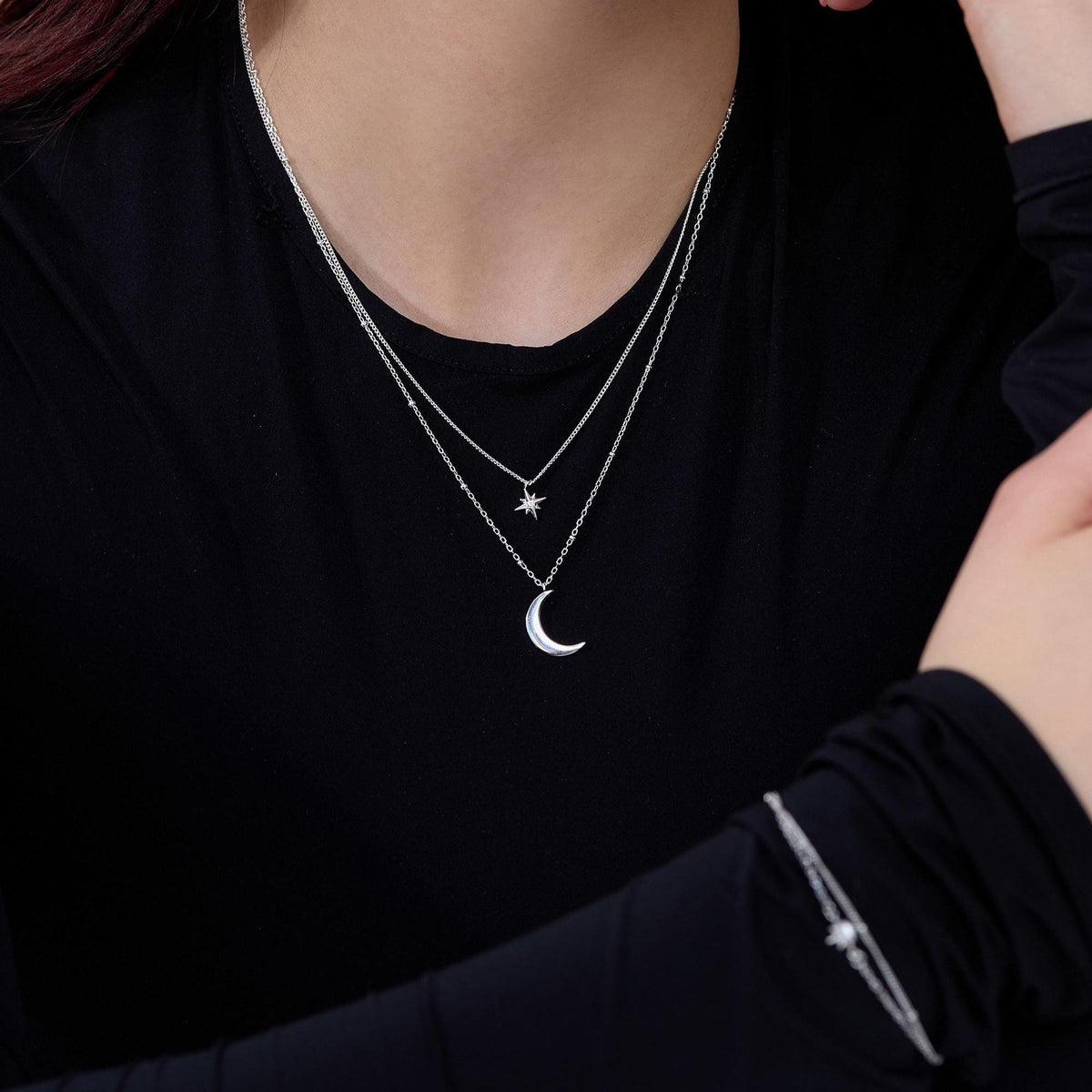 Moon and Star Layered Pendant Necklace