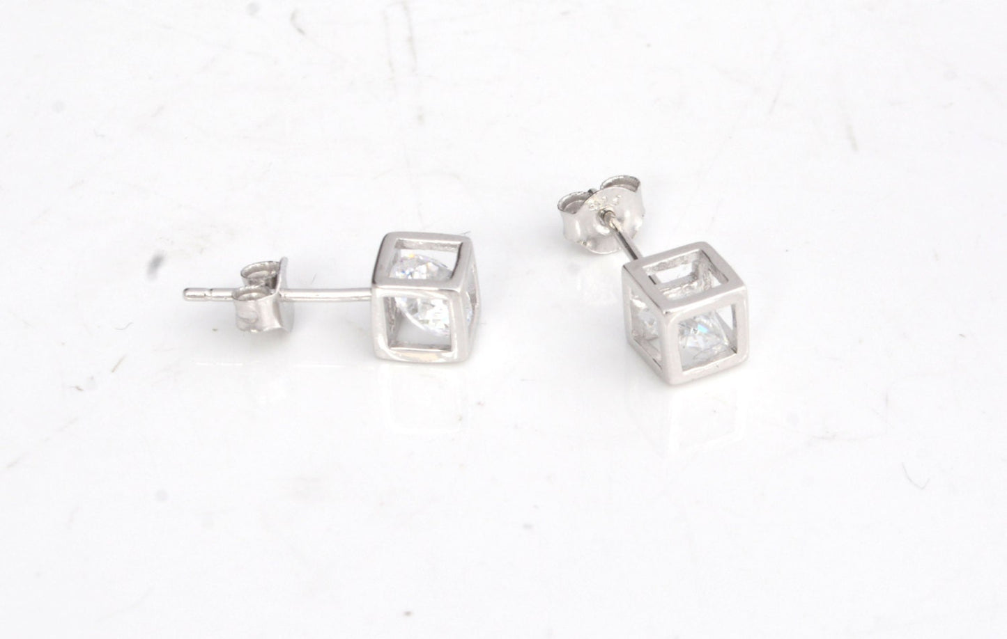 Sterling Silver &#39;&#39;Caged Diamond&#39;&#39; Cube Square Stud Earrings with a Brilliant Cut CZ Stone