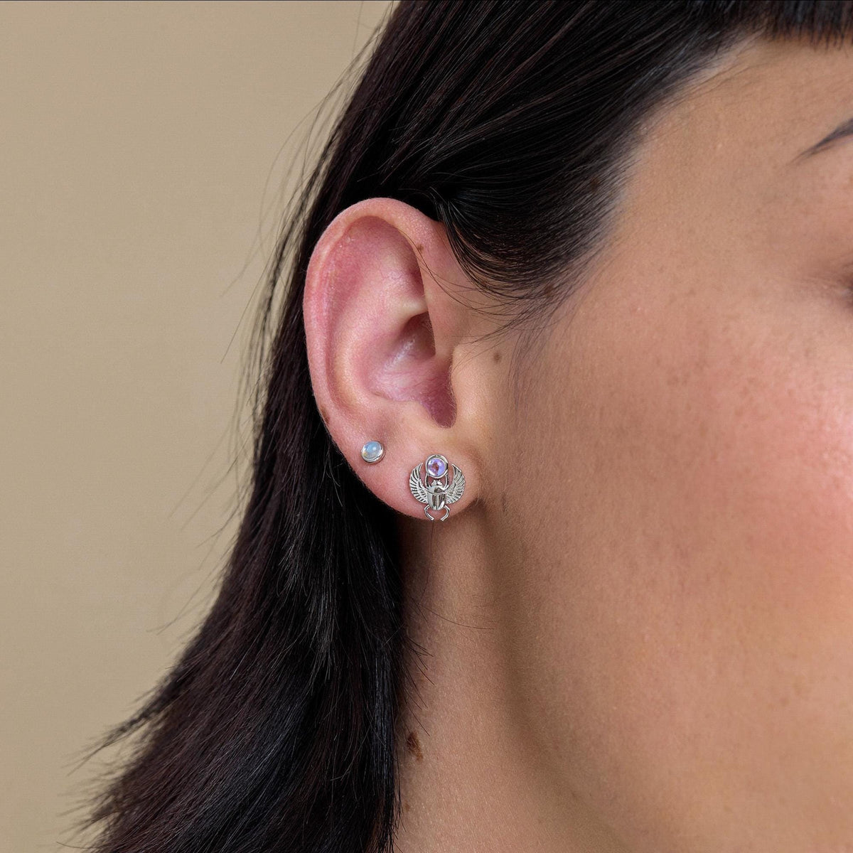 Moonstone Scarab Beetle Stud Earrings