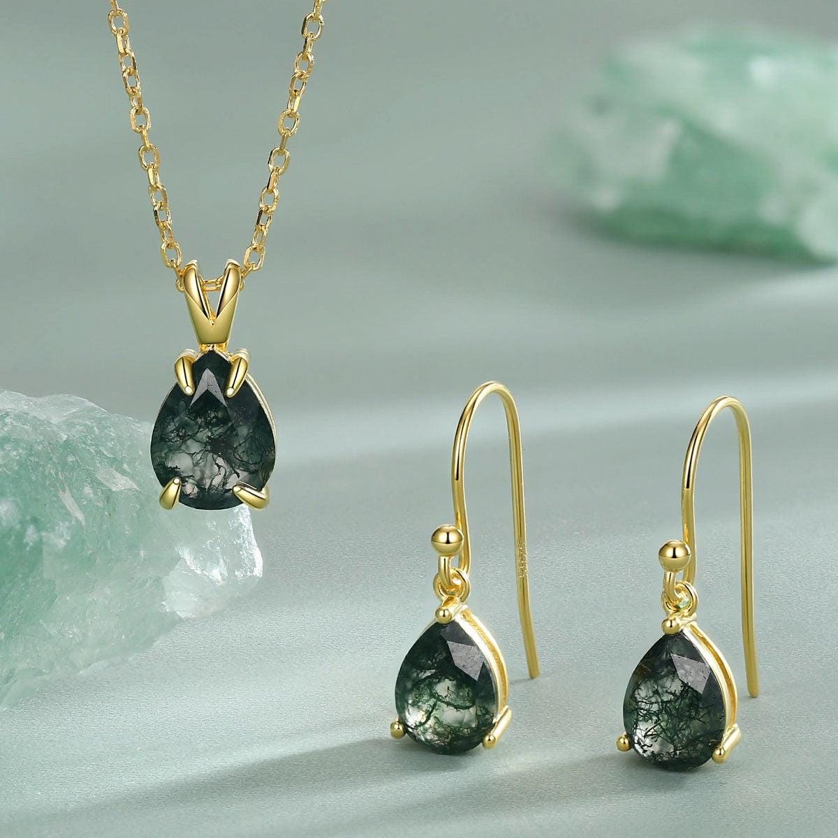 Sterling Silver Moss Agate Pear Earrings and Necklace Set