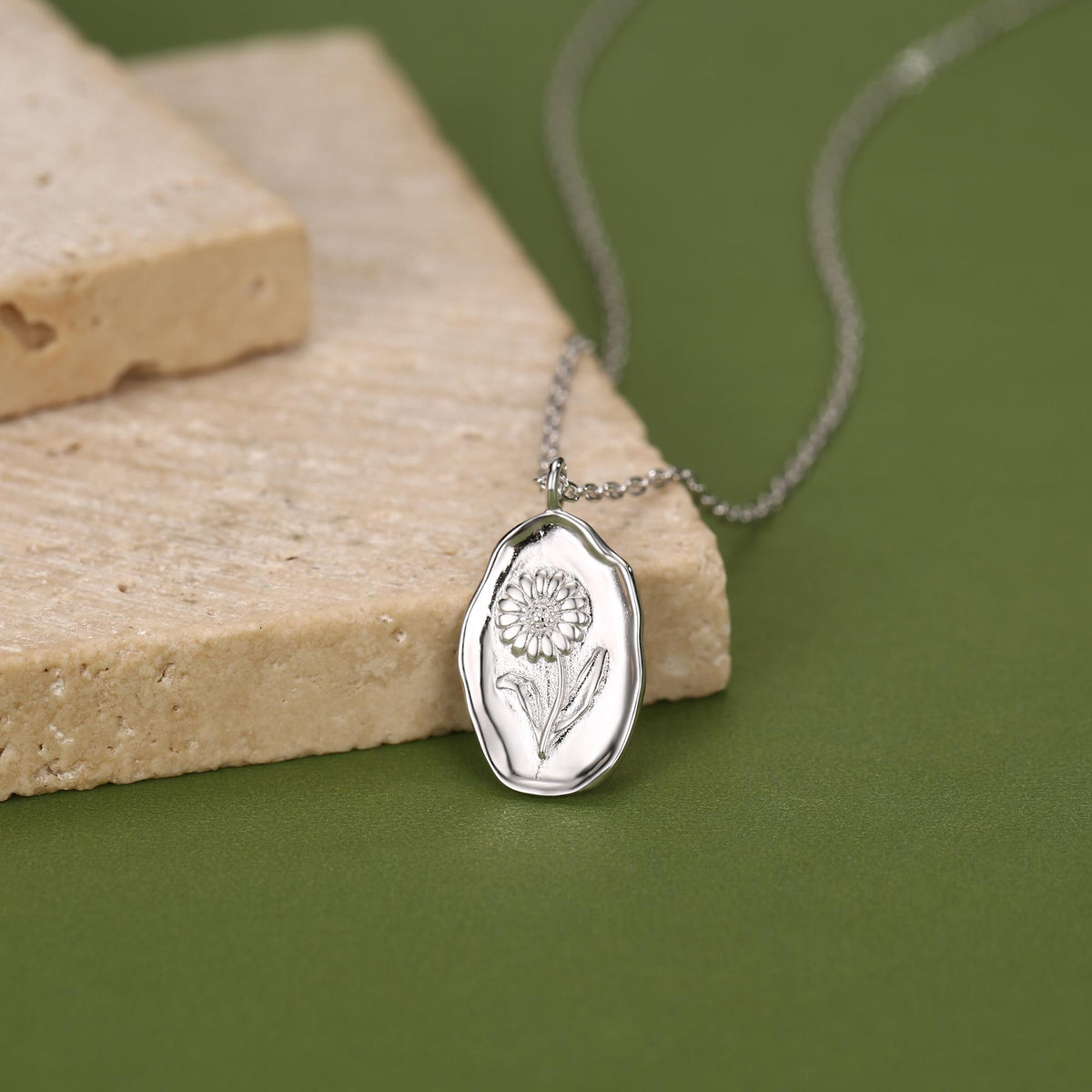 Daisy Birth Flower Oval Pendant Necklace