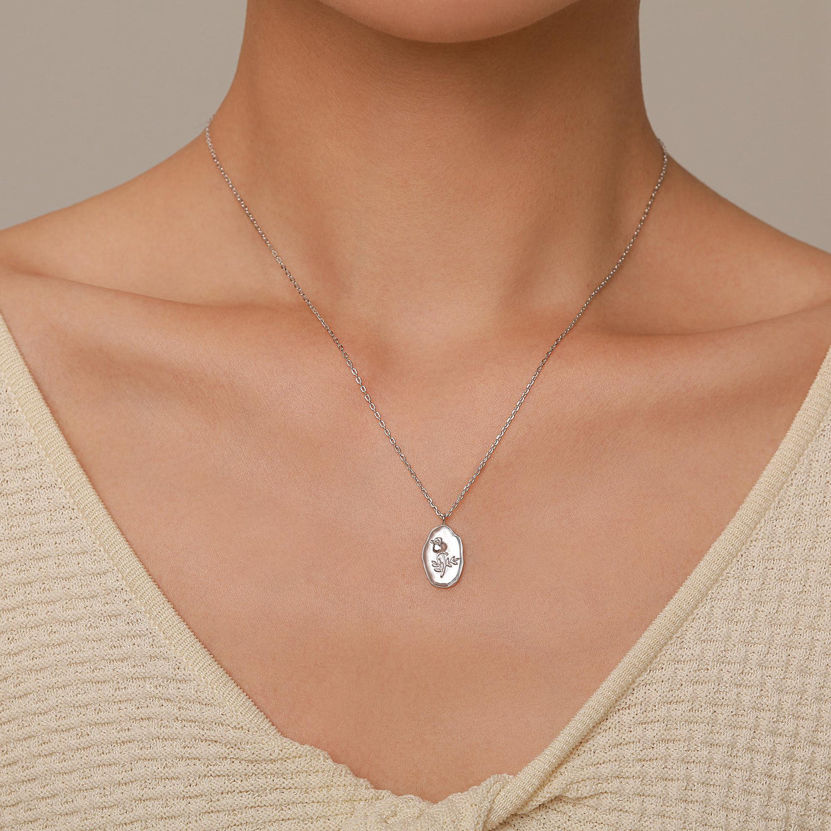 Rose Birth Flower Oval Pendant Necklace